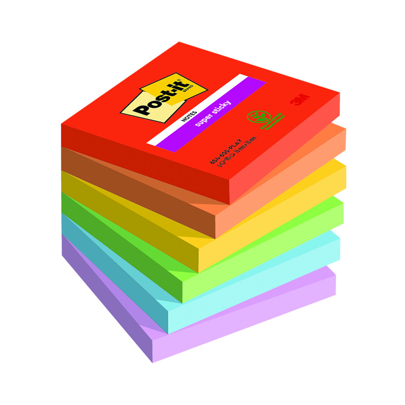 Post-It+Super+Sticky+Notes+90+Sheets+76x76mm+Playful+Colours+Assorted+%28Pack+of+6%29+654-6SS-PLAY