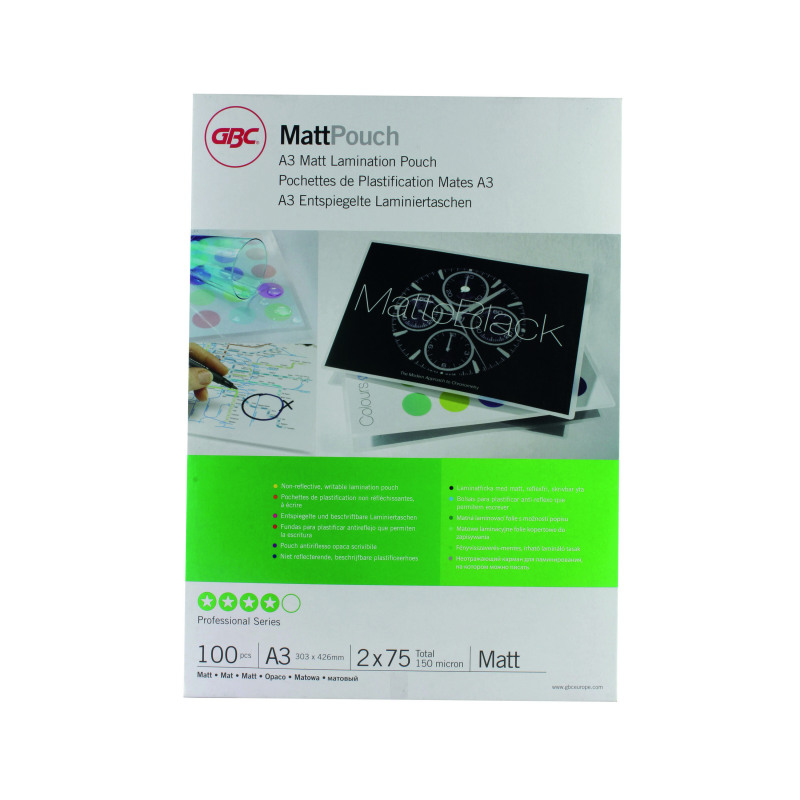 GBC+Matt+Laminating+Pouch+A3+150+Micron+%28Pack+of+100%29+41660E