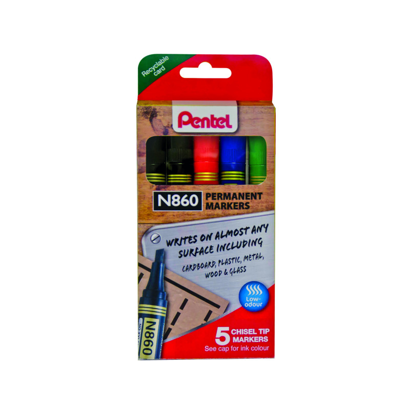 Pentel+Chisel+Tip+Permanent+Marker+Assorted+5+Pack+YN860%2F5-M
