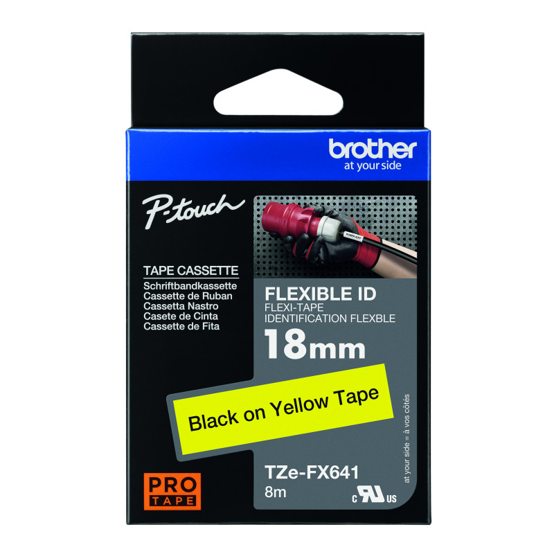Brother+P-Touch+TZe+Lam+Tape+Cassette+18mm+x+8m+Black+on+Yellow+Flexible+ID+Tape+ZEFX641