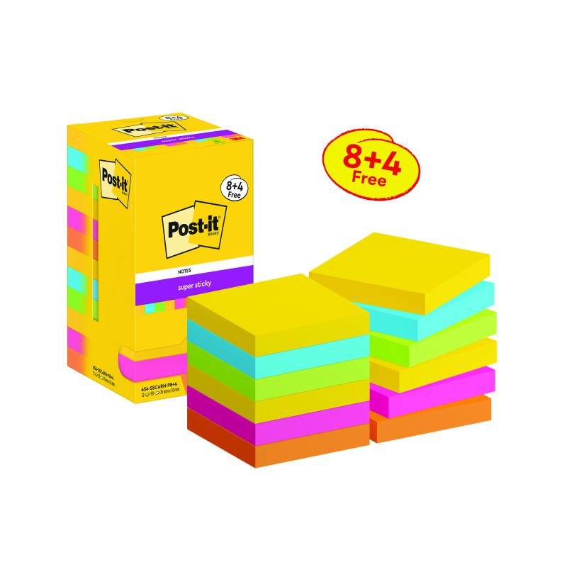 Post-it+Super+Sticky+Notes+76x76mm+90+Sheets+Carnival+VALUE+PACK+8+%2B+4+FREE+%28Pack+of+12%29+654-SSCARN-P8%2B4