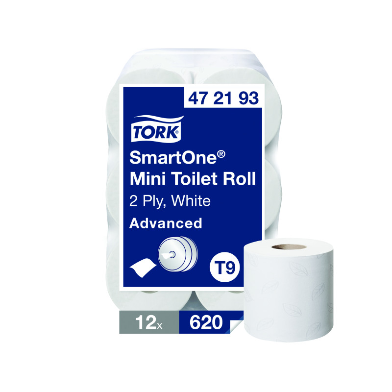 Tork+T9+SmartOne+Mini+Toilet+Roll+2-Ply+620+Sheets+%28Pack+of+12%29+472193