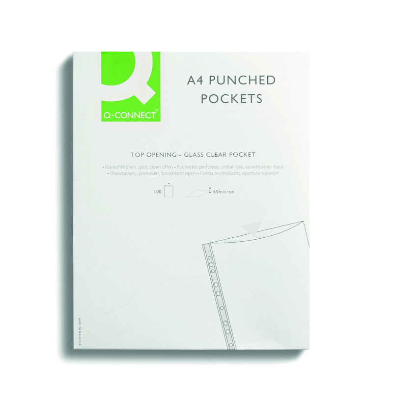 Q-Connect+Delux+Punched+Pocket+Top+Opening+Green+Strip+A4+Clear+%28Pack+of+100%29+KF01121