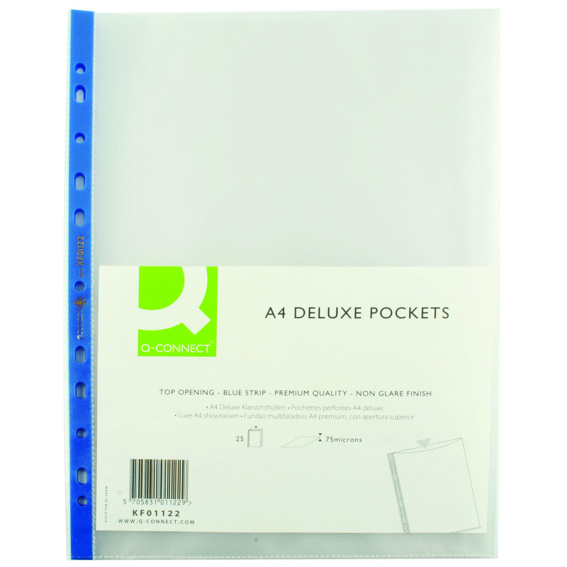 Q-Connect+Delux+Punched+Pocket+Top+Opening+Blue+Strip+A4+Clear+%28Pack+of+25%29+KF01122