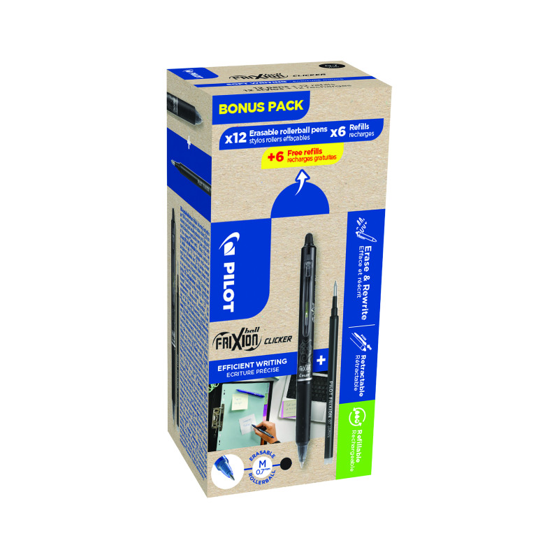 Pilot+FriXion+Ball+Clicker+Rollerball+Bonus+Pack+Box+12+Pens+%2B12+Refills+Blk+%28Pack+of+24%29+WLT435853