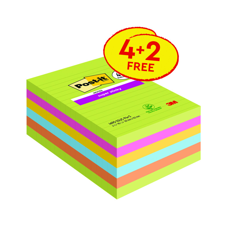 Post-it+Notes+Super+Sticky+XXL+101+x+152mm+Ultra+Colours+VALUE+PACK+4+%2B+2+FREE+%28Pack+of+6%29+4690-SSUC-P4%2B2
