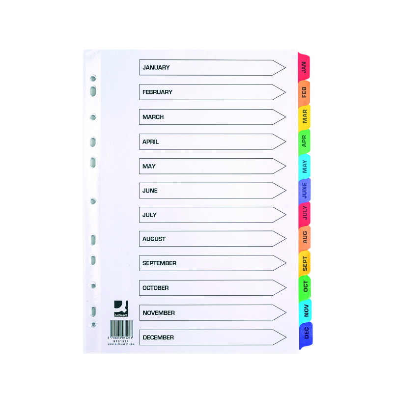 Q-Connect+Multi-Punched+January-December+Reinforced+Multi-Colour+A4+Index+Pre-Printed+Tabs+KF01524