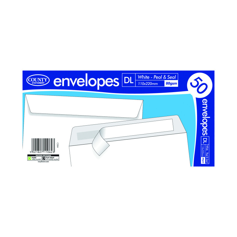 County+Stationery+DL+Peel+and+Seal+Envelopes+x50+White+%28Pack+of+20%29+C504
