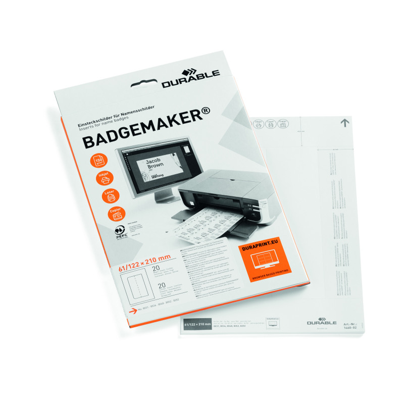 Durable+Badgemaker+Insert+Sheets+61x210mm+150gsm+White+%28Pack+of+20%29+146002