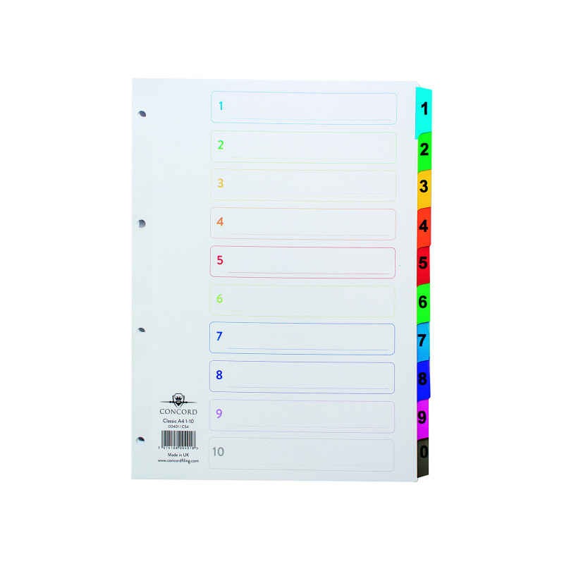 Concord+Index+1-10+A4+White+with+Multi-Colour+Tabs+00401%2FCS4