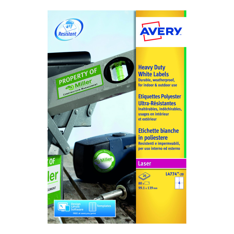 Avery+Laser+Label+Heavy+Duty+4+Per+Sheet+White+%28Pack+of+80%29+L4774-20