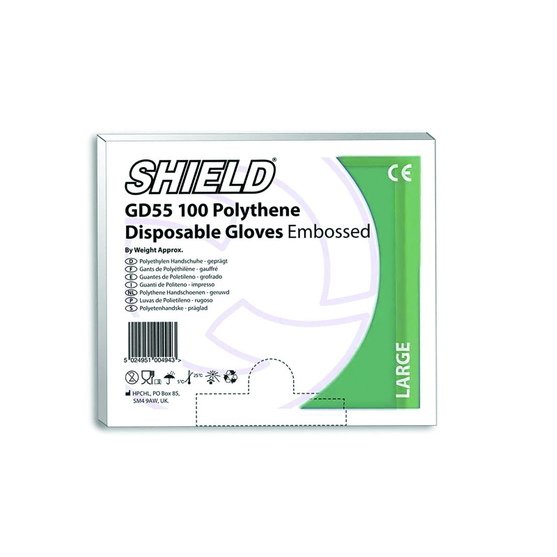 Shield+Embossed+Polythene+Disposable+Glove+Clear+Large+Use+with+Dispensers+%28Pack+of+100%29+GD55+-+L