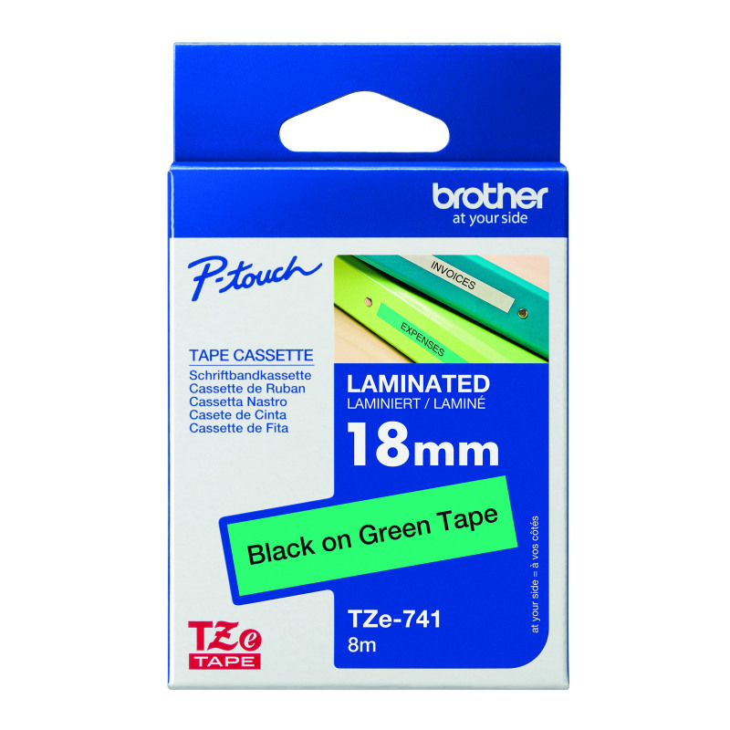 Brother+P-Touch+TZe+Lam+Tape+Cassette+18mm+x+8m+Black+on+Green+Tape+TZE741