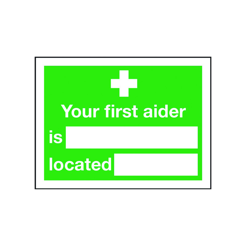 Safety+Sign+Your+First+Aider+Is+150x200mm+Self-Adhesive+E42A%2FS