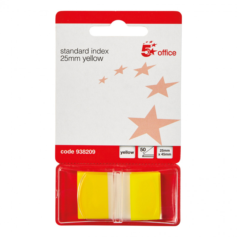 5+Star+Office+Standard+Index+Flags+50+Sheets+per+Pad+25x45mm+Yellow+%28Pack+of+5%29
