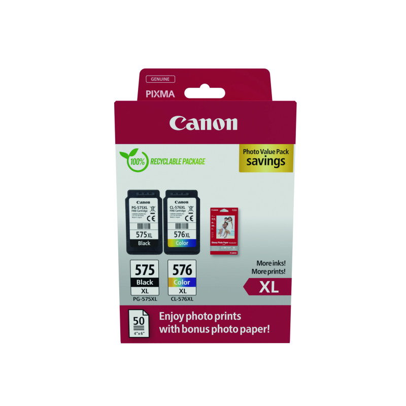 Canon+PG-575XL%2FCL-576XL+Ink+Cartridges+High+Yield+K%2FCMY+%2B+4+x+6+in+Photo+Paper+Value+Pack+5437C006