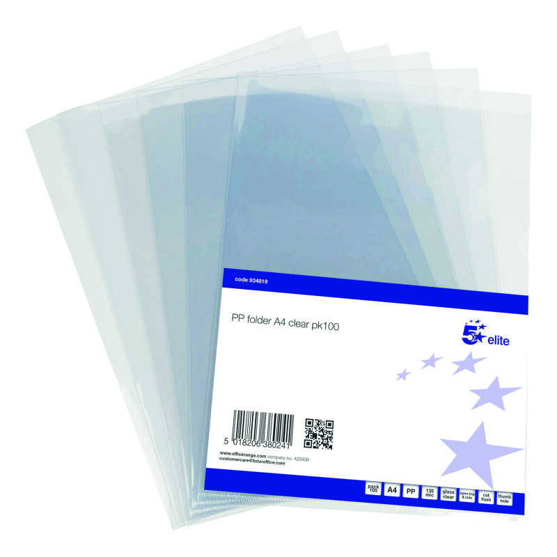 5+Star+Folder+Cut+Flush+PVC+Top+and+Side+Opening+135+Micron+A4+Glass+Clear+%28Pack+of+100%29