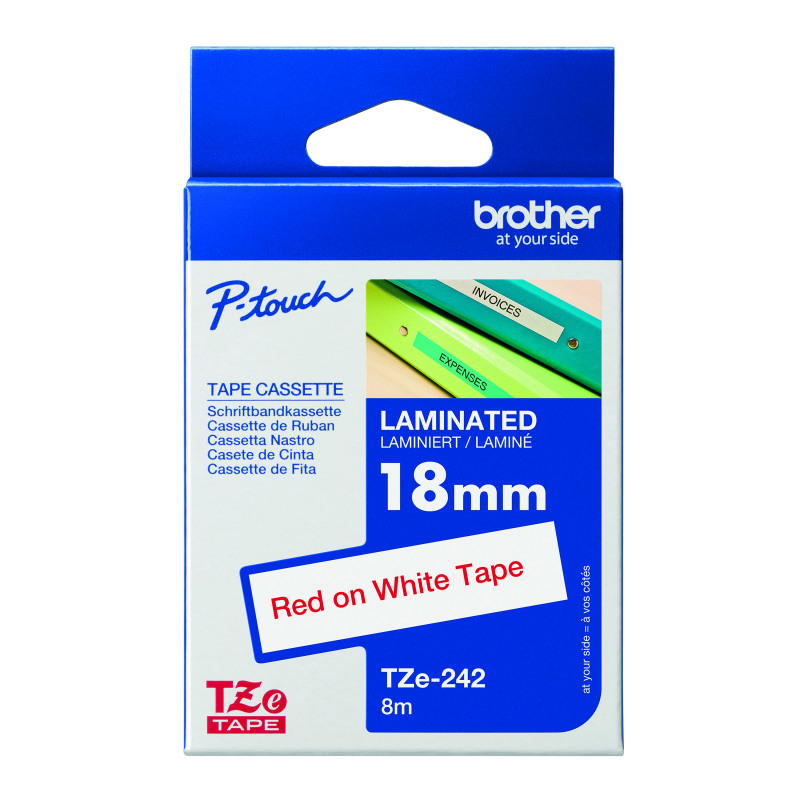 Brother+P-Touch+TZe+Lam+Tape+Cassette+18mm+x+8m+Red+on+White+Tape+TZE242