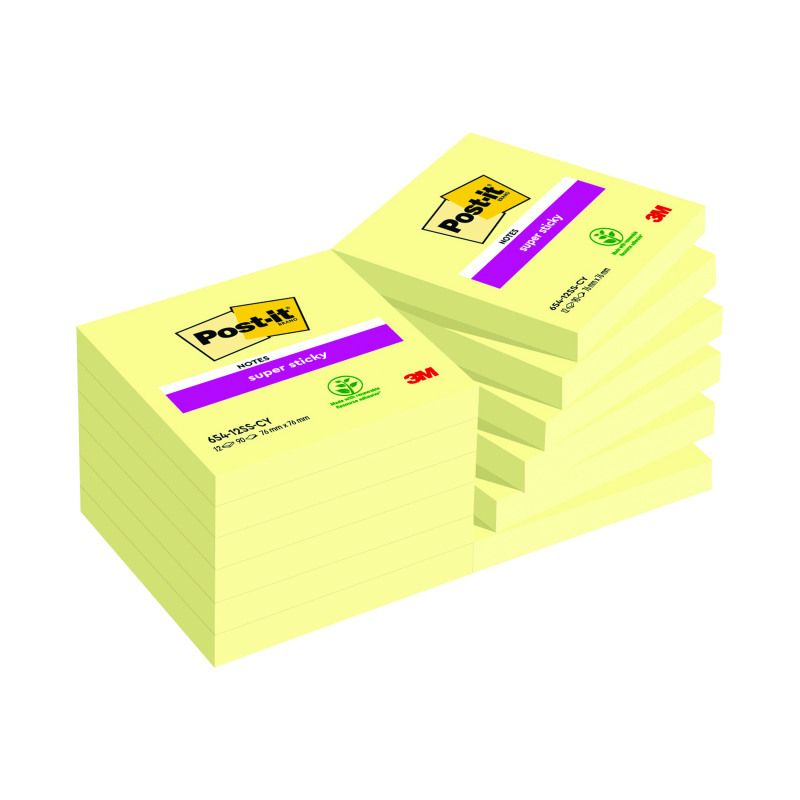 Post-it+Super+Sticky+Note+76x76mm+90+Sheets+Cardboard+Packaging+Canary+Ylw+%28Pack+of+12%29+654-12SS-CY
