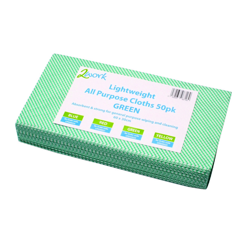 2Work+Lightweight+All+Purpose+Cloth+600x300mm+Green+%28Pack+of+50%29+CPD30023