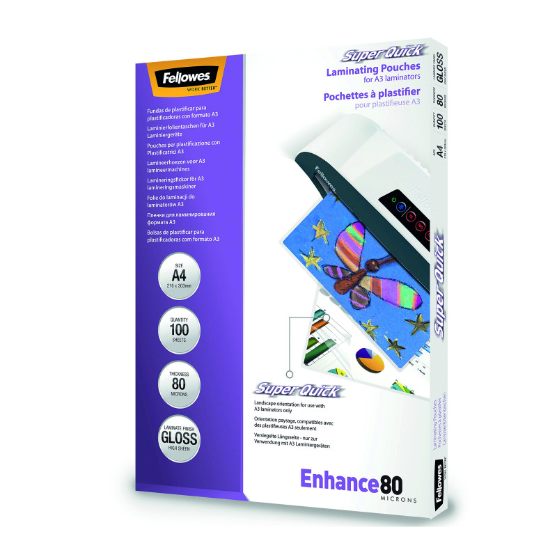 Fellowes+SuperQuick+Laminating+Pouch+A4+160+Micron+Total+Thickness+Gloss+%28Pack+of+100%29+5440001