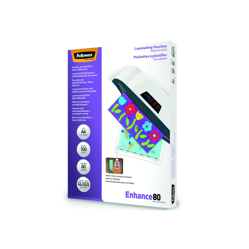 Fellowes+Enhance80+Self+Adhesive+Laminating+Pouch+A4+160+Micron+Total+Gloss+%28Pack+of+100%29+53022
