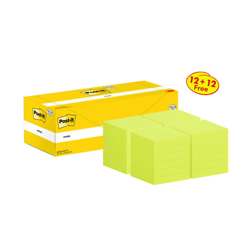 Post-it+Notes+76x76mm+100+Sheets+Canary+Yellow+VALUE+PACK+12+%2B+12+FREE+%28Pack+of+24%29+654Y12%2B654Y12