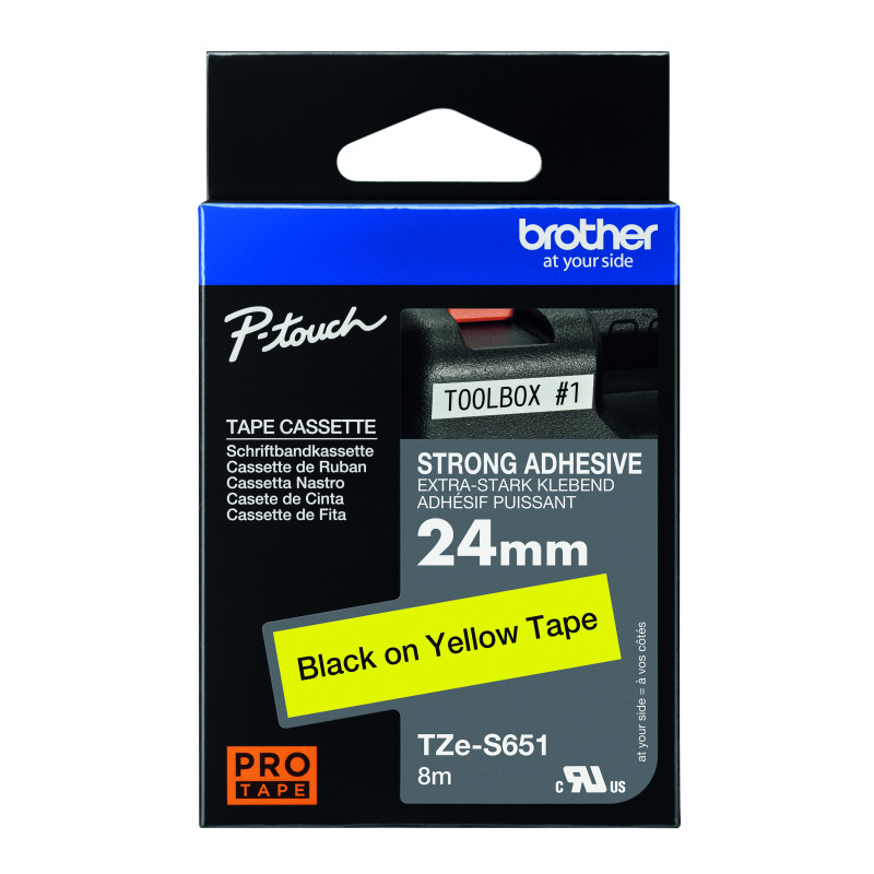 Brother+P-Touch+TZe+Lam+Tape+Cassette+24mm+x+8m+Black+on+Yellow+Tape+TZES651