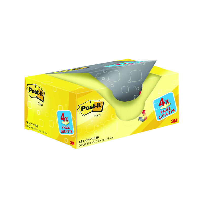 Post-it+Notes+38x51mm+Canary+Yellow+VALUE+PACK+4+FREE+Pads+%28Pack+of+20%29+653CY-VP20