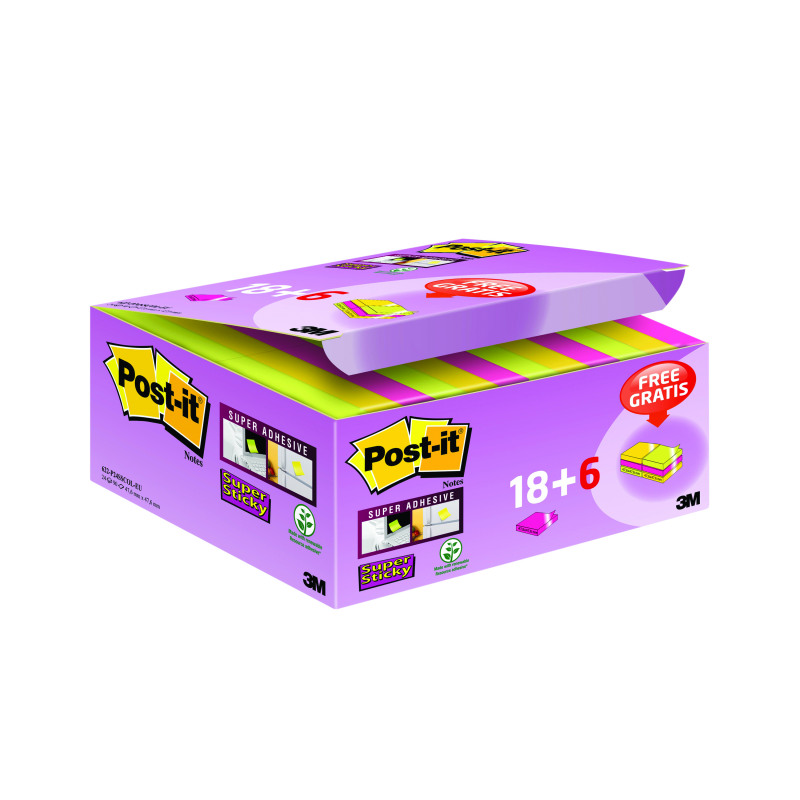 Post-it+Super+Sticky+47.6x+7.6mm+Assorted+VALUE+PACK+18+%2B+6+FREE+Pads+%28Pack+of+24%29+622-+P24SSCOL
