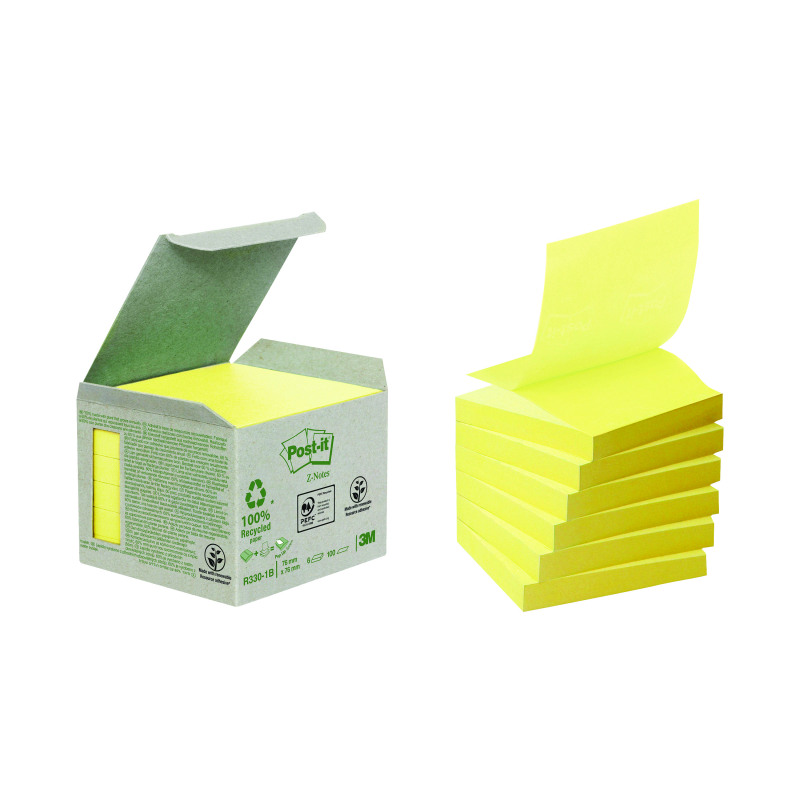 Post-it+Recycled+Z-Notes+76+x+76mm+Cardboard+Packaging+Canary+Yellow+%286+Pack%29+R330-1B