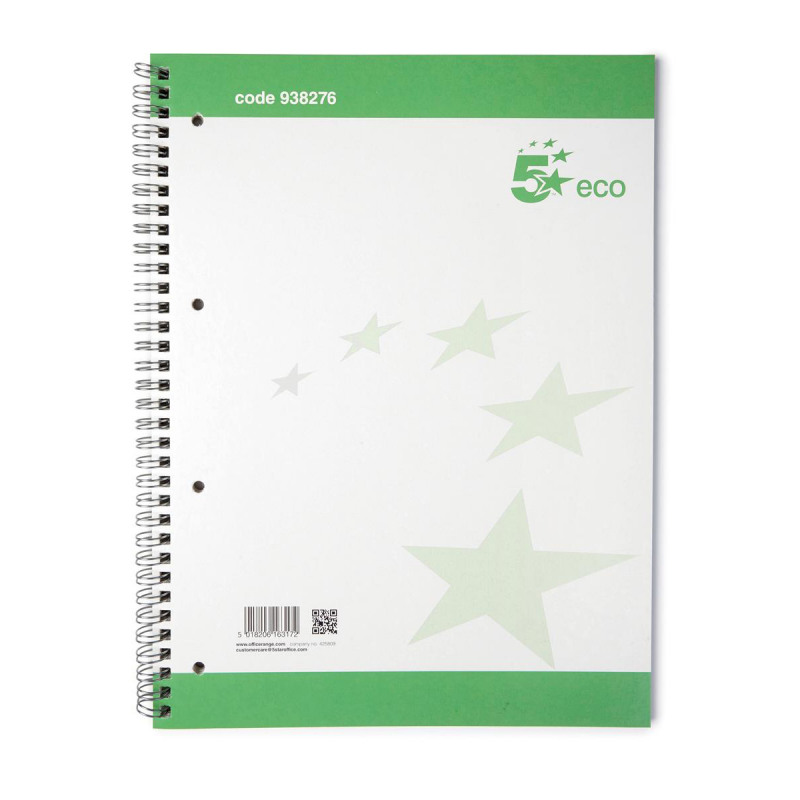 5+Star+Spiral+Pad+Ruled+Recycled+Margin+Perforated+4+Holes+100pp+A4%2B+Green%2FWhite+%28Pack+of+10%29