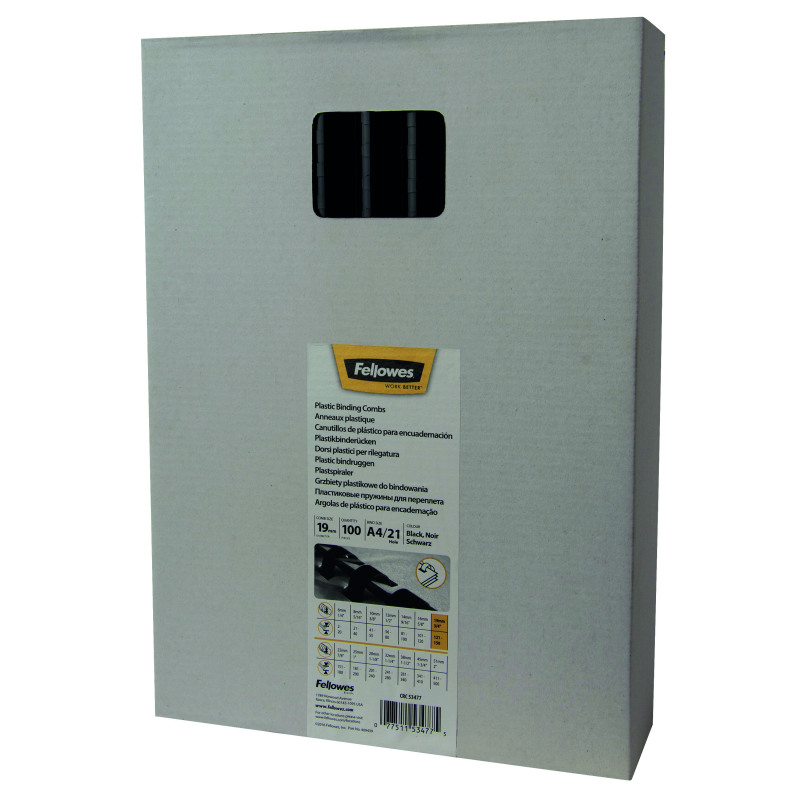 Fellowes+A4+Plastic+Binding+Combs+19mm+Black+%28Pack+of+100%29+53477