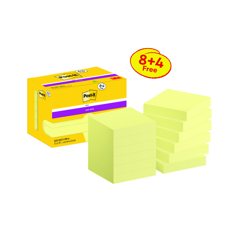 Post-it+Super+Sticky+Notes+47.6x47.6+90+Sheets+Yellow+VALUE+Pack+8%2B4+FREE+%28Pack+of+12%29+622-SSCY-P8%2B4