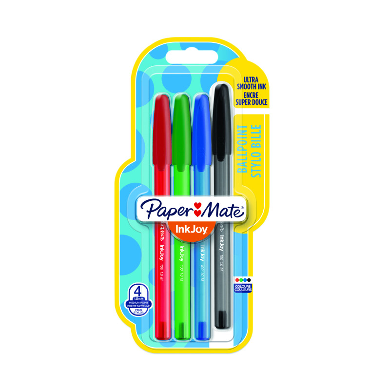 PaperMate+Inkjoy+100+Capped+Ballpoint+Pens+Medium+Assorted+%28Pack+of+4%29+1956718