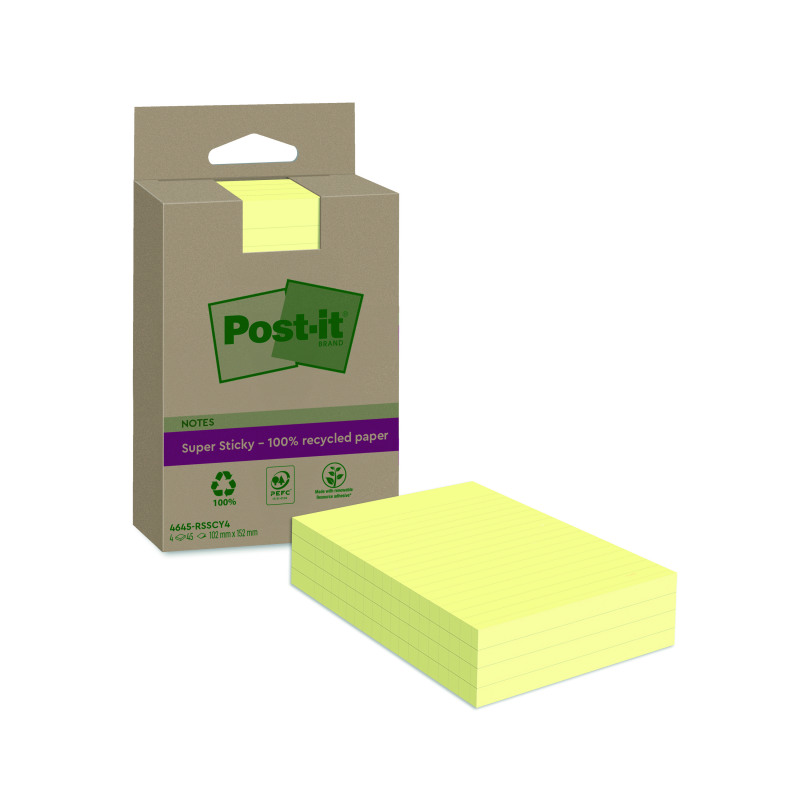 Post-it+Super+Sticky+Recycled+Notes+Lined+102x152mm+45+Sheets+Canary+Yellow+%28Pack+of+4%29+4645-RSSCY4