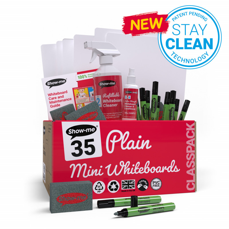 Show-me+StayClean+A4+Whiteboards+Plain%2FPlain+%2835+boards+pens+and+erasers+%2B+Free+cleaners%29+C%2FSMB