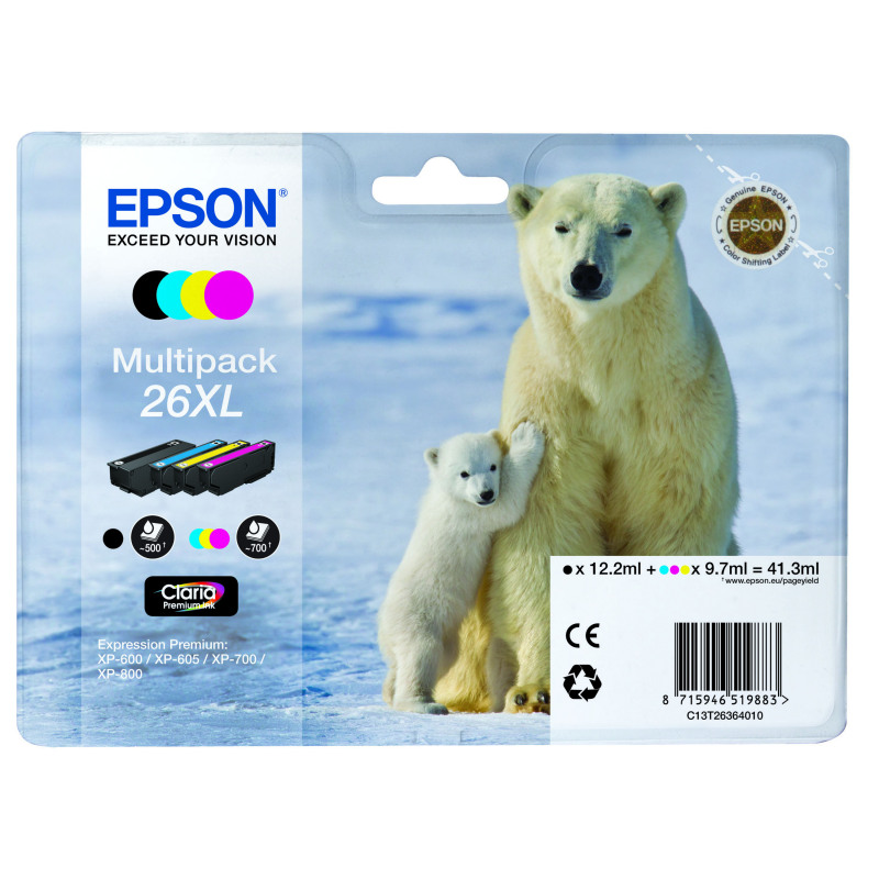 Epson+26XL+Polar+Bear+Ink+Cartridge+High+Yield+CMYK+Multipack+C13T26364010