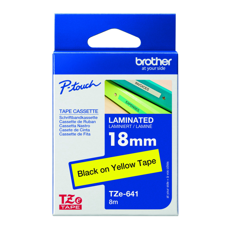 Brother+P-Touch+TZe+Lam+Tape+Cassette+18mm+x+8m+Black+on+Yellow+Tape+TZE641