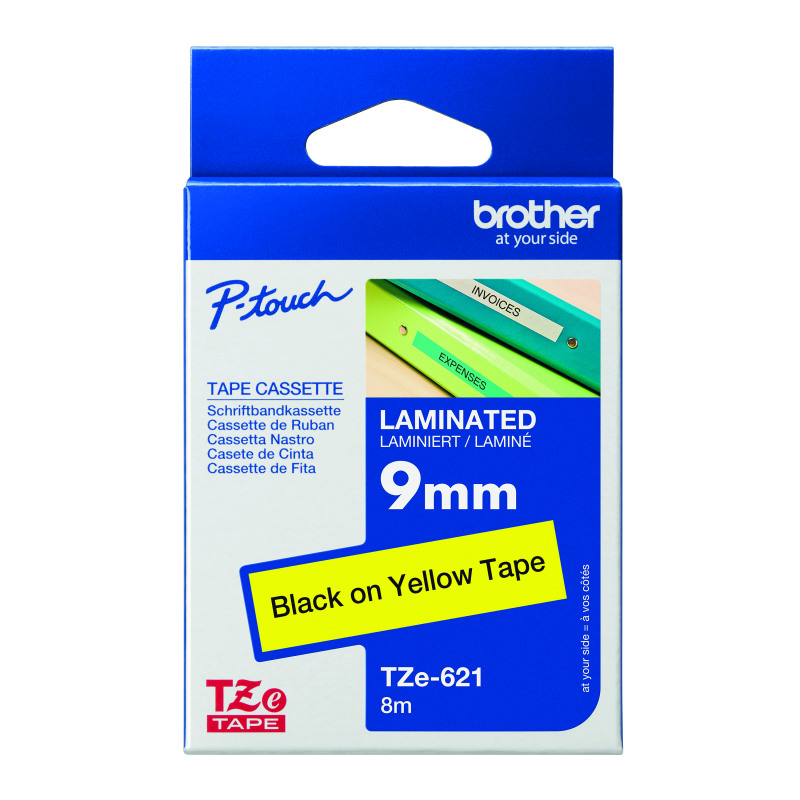Brother+P-Touch+TZe+Lam+Tape+Cassette+9mm+x+8m+Black+on+Yellow+Tape+TZE621