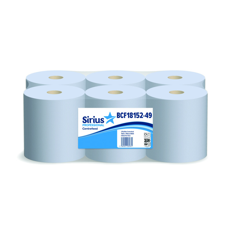 Sirius+2-Ply+Centrefeed+Rolls+166mmx150M+Blue+Pack+of+6+BCF18152-49