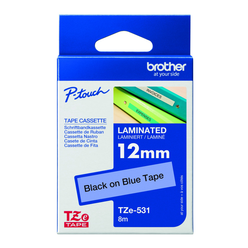 Brother+P-Touch+TZe+Lam+Tape+Cassette+12mm+x+8m+Black+on+Blue+Tape+TZE531