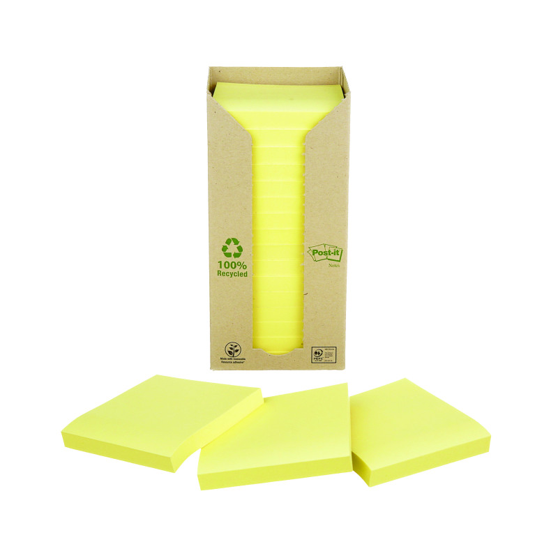 Post-it+Notes+Recycled+Tower+76x76mm+Cardboard+Packaging+Canary+Yellow+%28Pack+of+16%29+654-1T