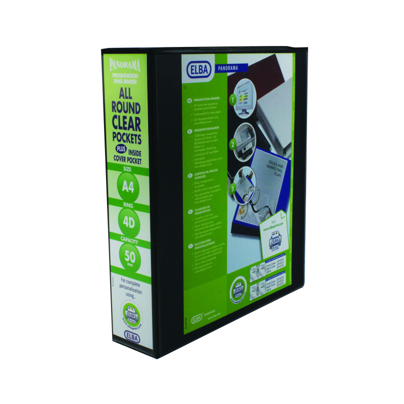 Elba+Panorama+50mm+4+D-Ring+Presentation+Binder+A4+Black+%28Pack+of+4%29+400008430