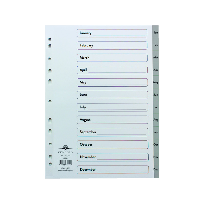 Concord+12-Part+January-December+Index+Polypropylene+A4+Grey+63005