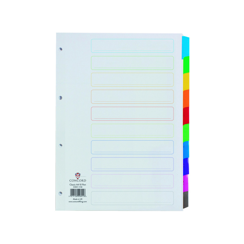 Concord+Reinforced+Divider+10-Part+A4+Multicoloured+Tabs+00801%2FCS8