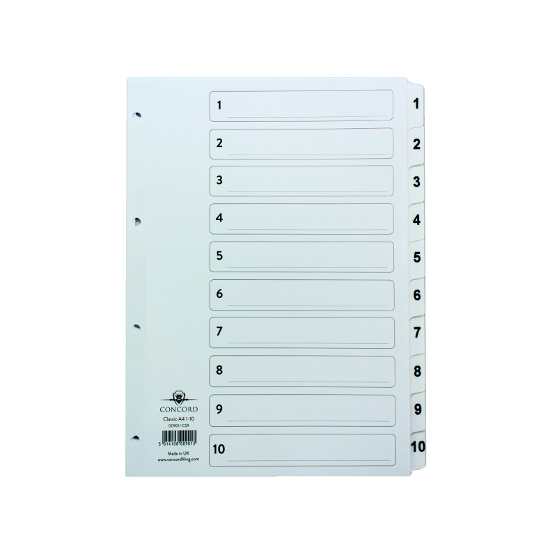 Concord+Classic+Index+1-10+A4+White+Board+Clear+Mylar+Tabs+00901%2FCS9