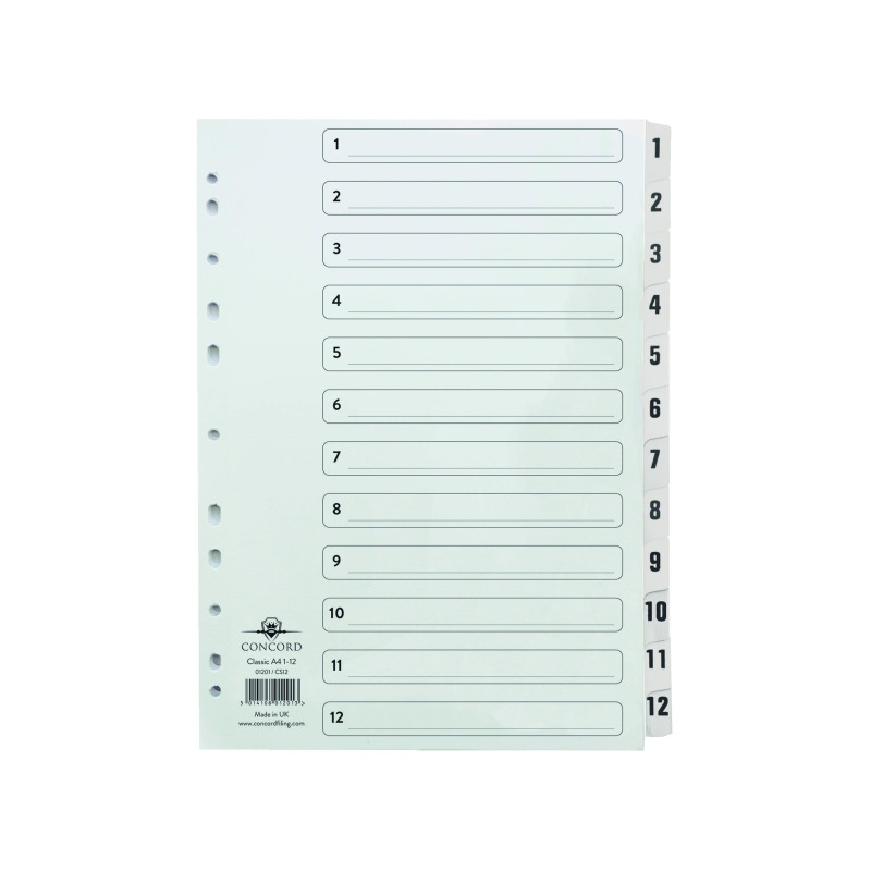 Concord+Classic+Index+1-12+A4+White+Board+With+Clear+Mylar+Tabs+01201%2FCS12
