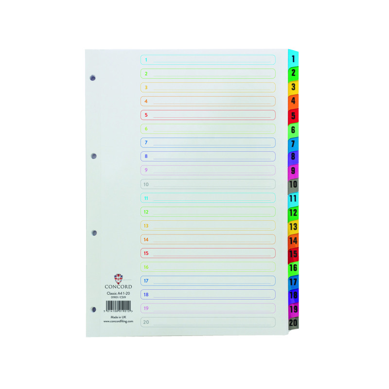 Concord+Index+1-20+A4+White+with+Multicolour+Tabs+01901%2FCS19