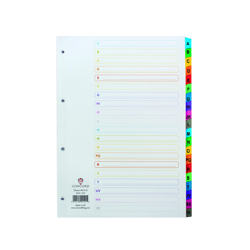 Concord+Index+A-Z+A4+White+with+Multicolour+Tabs+02101%2FCS21